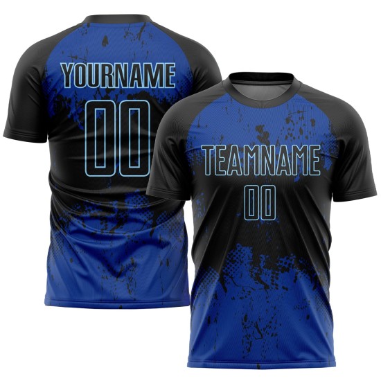 Benutzerdefiniertes schwarzes, schwarz-königliches Sublimations-Fußballtrikot Benutzerdefiniertes schwarzes, schwarz-königliches Sublimations-Fußballtrikot