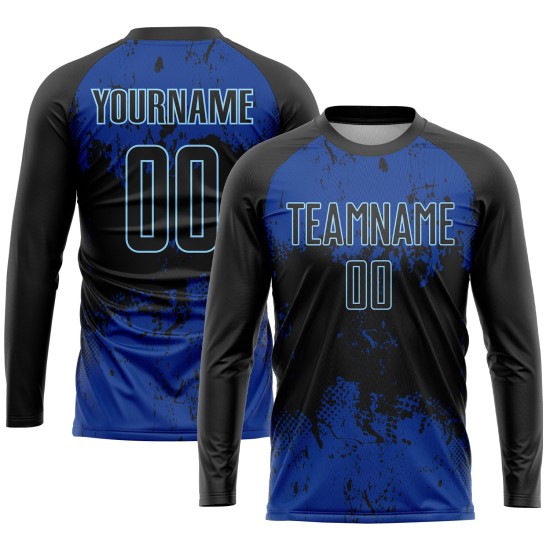 Benutzerdefiniertes schwarzes, schwarz-königliches Sublimations-Fußballtrikot Benutzerdefiniertes schwarzes, schwarz-königliches Sublimations-Fußballtrikot