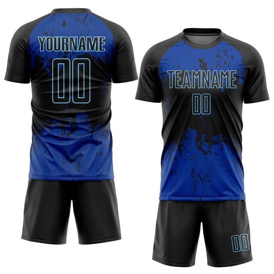Benutzerdefiniertes schwarzes, schwarz-königliches Sublimations-Fußballtrikot Benutzerdefiniertes schwarzes, schwarz-königliches Sublimations-Fußballtrikot