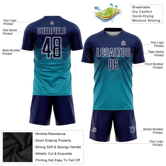 Individuelles Fußballtrikot mit Sublimationsdruck, Marineblau und Weiß Individuelles Fußballtrikot mit Sublimationsdruck, Marineblau und Weiß