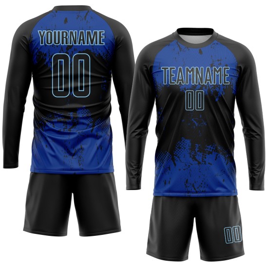 Benutzerdefiniertes schwarzes, schwarz-königliches Sublimations-Fußballtrikot Benutzerdefiniertes schwarzes, schwarz-königliches Sublimations-Fußballtrikot